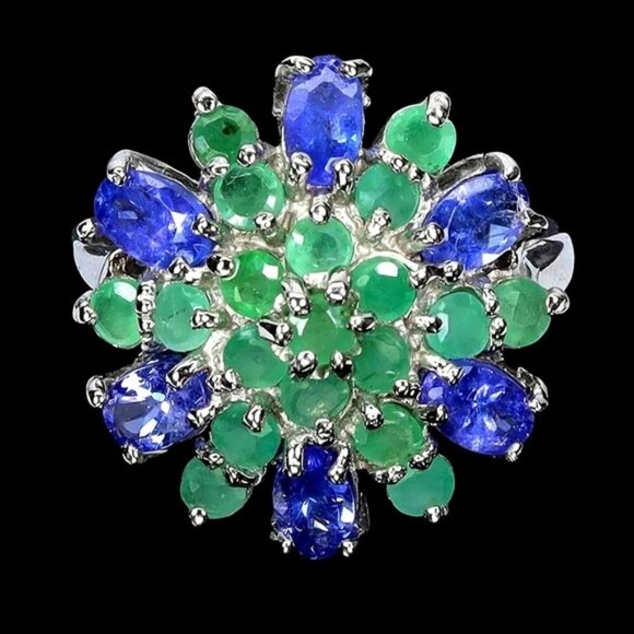 925 Sterling Silver Ring Sz 7.75 with Natural Tanzanite &  Emerald Gemstones - Picture 1 of 3